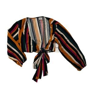Hurley Women’s Striped Tie Front Crop Top Small Long Sleeve Boho Wrap Blouse